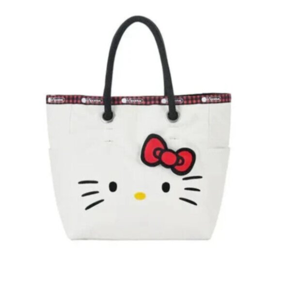 Lesportsac Hello Kitty Reversible 2-Way Small Mini Tote White Red Bow-US Seller - Picture 1 of 6